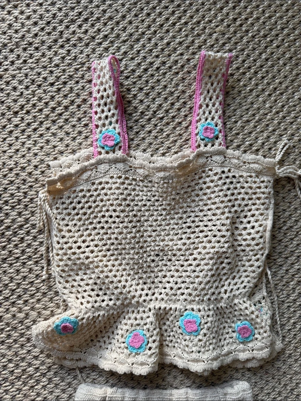 Handmade Crochet Tank Top & Shorts Set - Cream with Pink & Teal Flower Accents